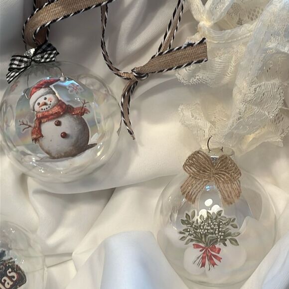 Upcycled Clear Glass Ornaments 3 Different Christmas Balls Sign Frosty Floral - Picture 11 of 15